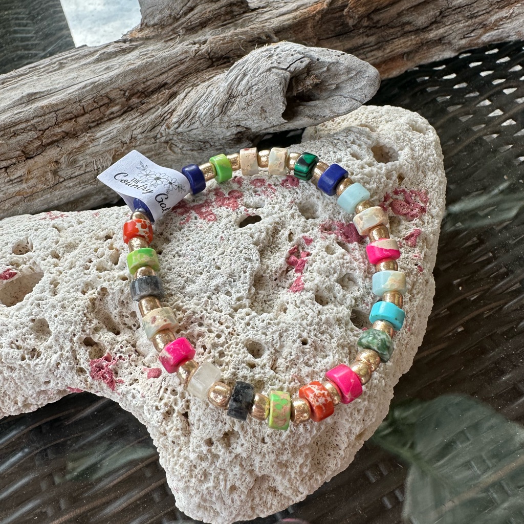 Handmade Multi Stone And Gold Bead Stretch Bracelet - 6”
